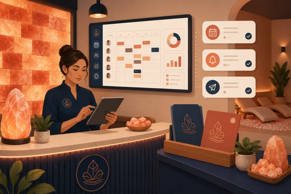 Operator using management software inside a modern salt therapy center