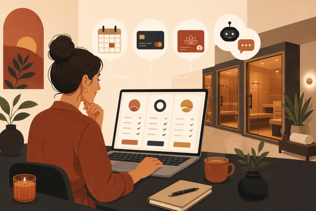 Sauna studio operator comparing scheduling, payment, membership and AI booking software