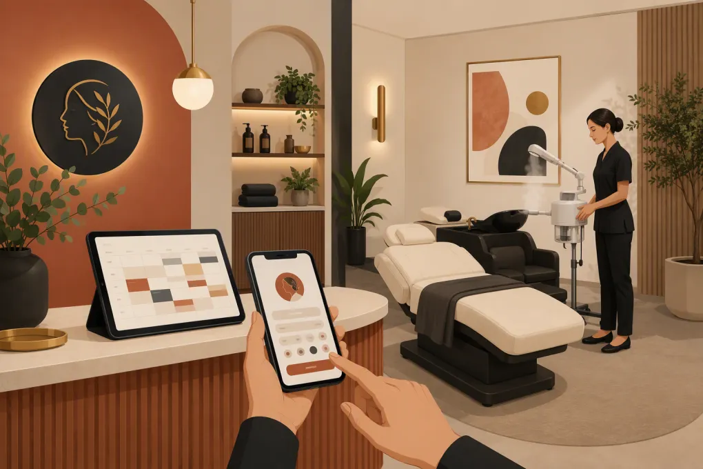 Scalp spa operator scheduling a treatment room, basin and provider from a tablet