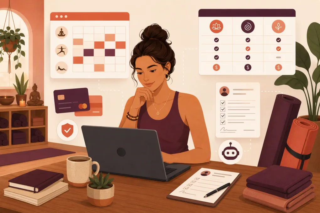 Yoga studio owner comparing booking, payment and member management platforms