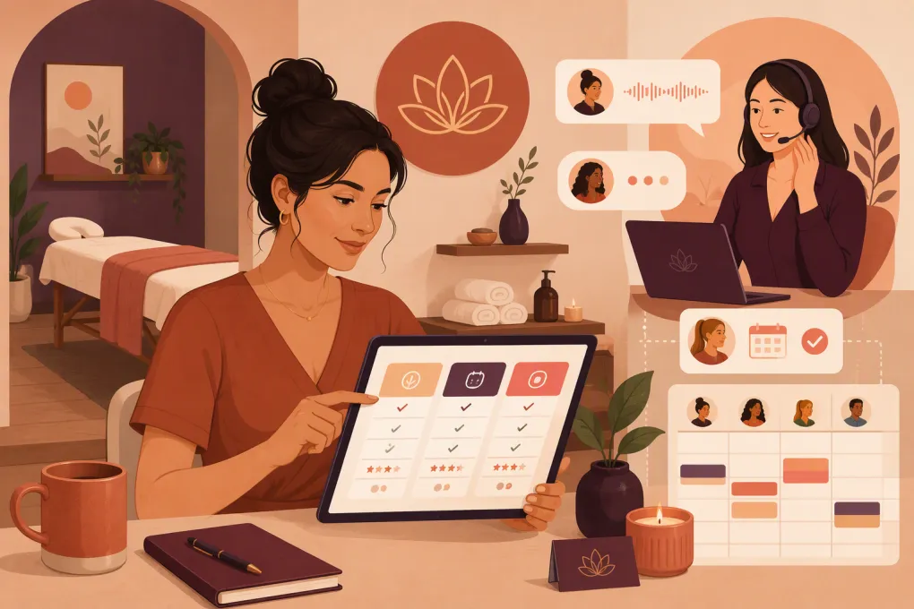 Massage studio owner comparing booking systems while an AI receptionist handles client inquiries