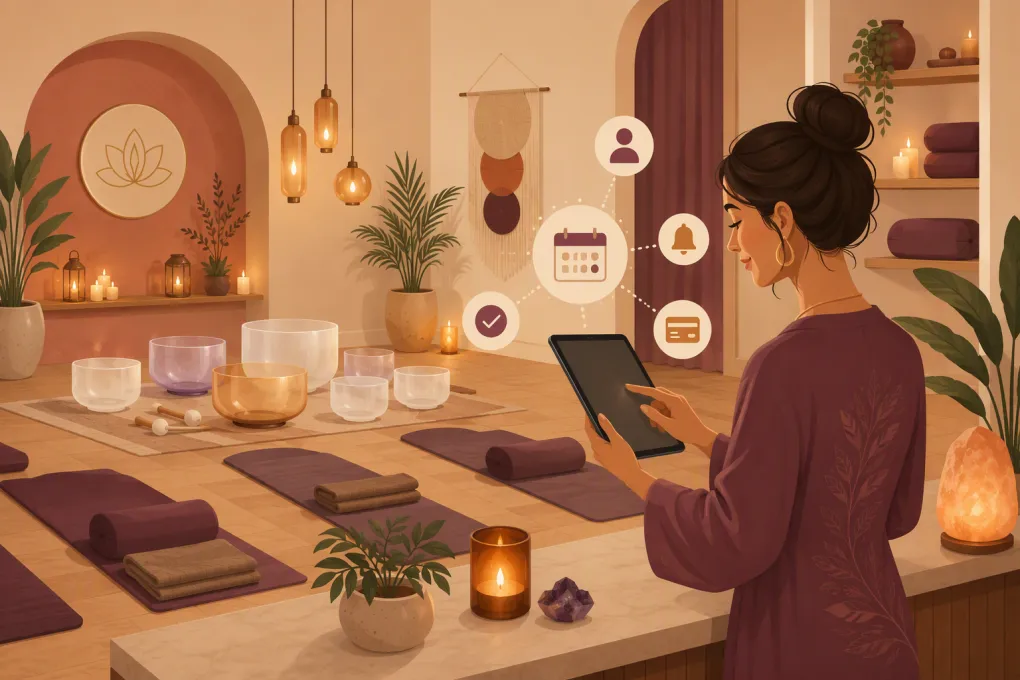Sound bath studio operator managing class bookings beside singing bowls and floor mats