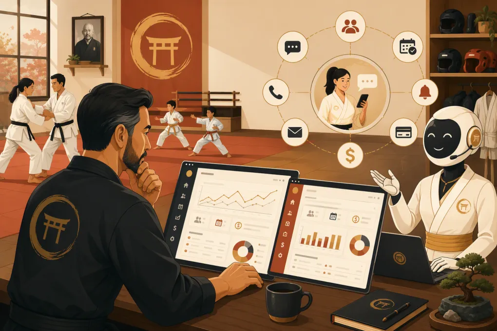 Martial arts school owner comparing management platforms while an AI agent handles leads