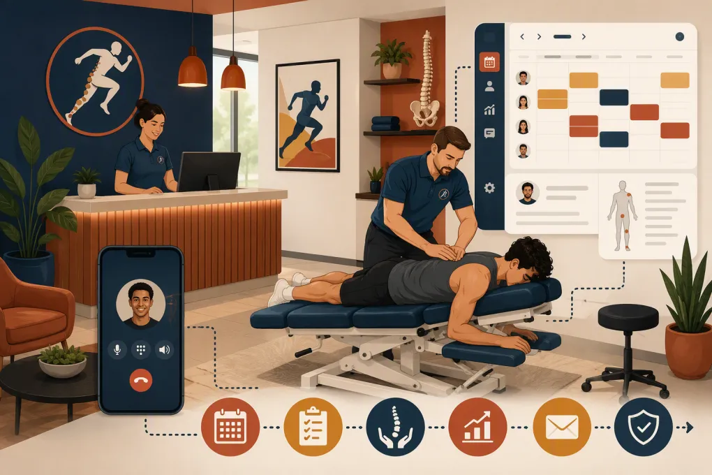 Sports chiropractic clinic using scheduling, patient management, and AI reception software
