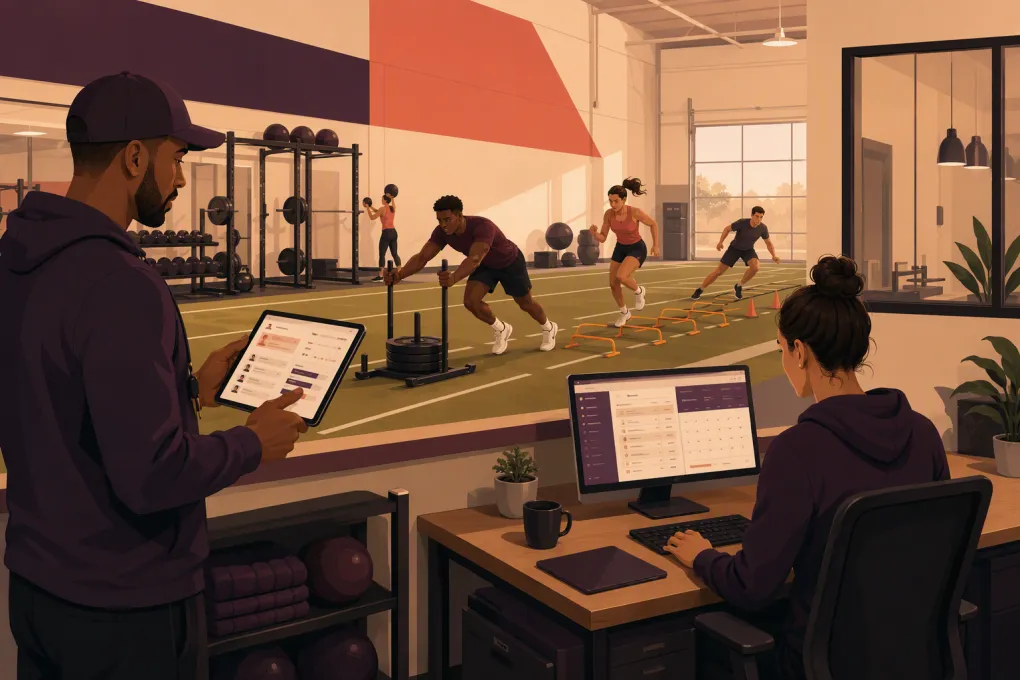 Coach and operator using software inside a sports performance training facility