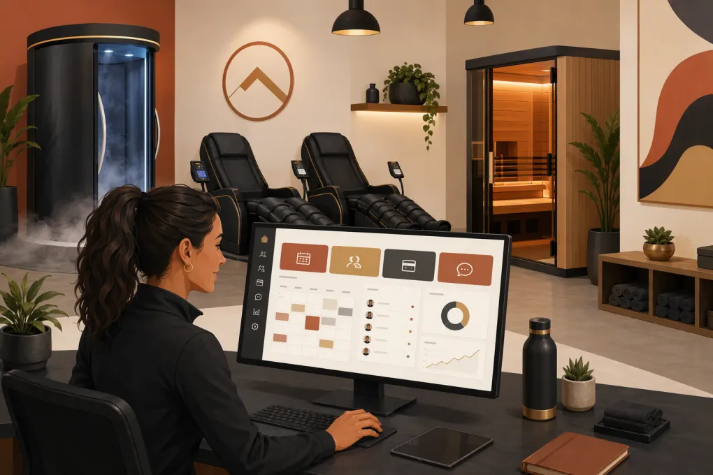 Operator managing bookings and clients inside a modern sports recovery studio
