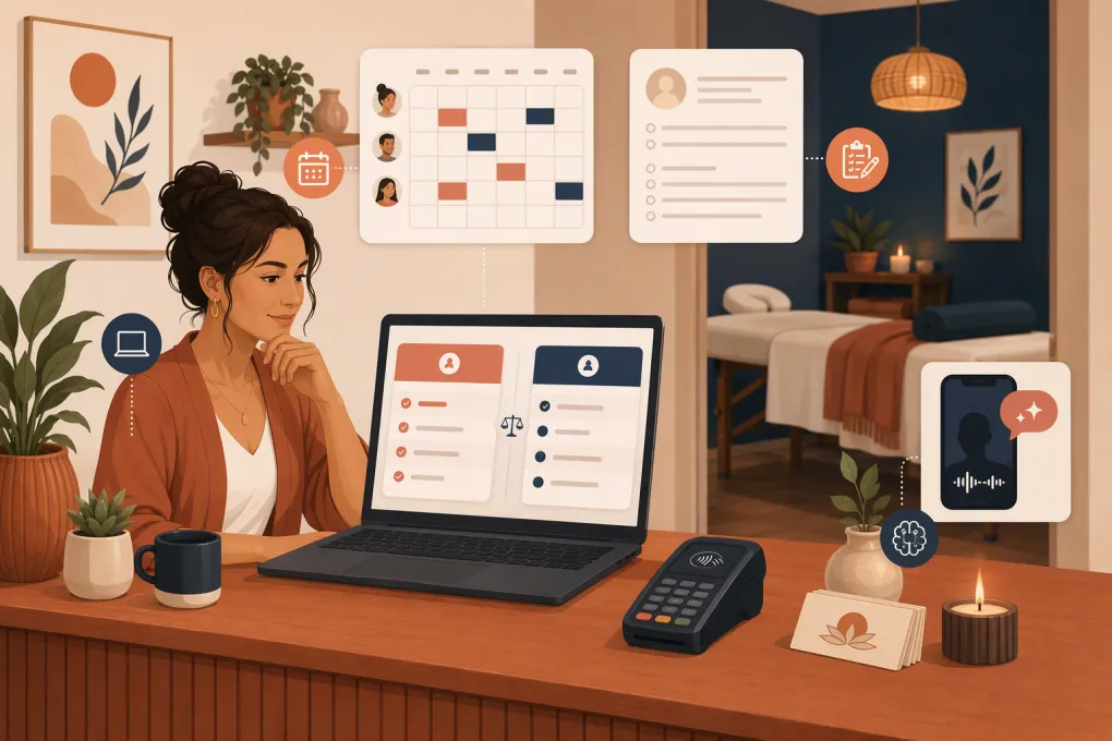 Massage practice owner comparing booking, payment, intake, and AI receptionist software