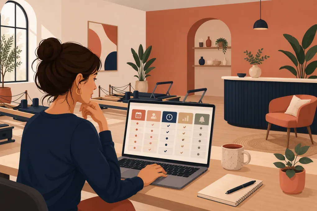 Pilates studio owner comparing scheduling and management platforms beside reformers