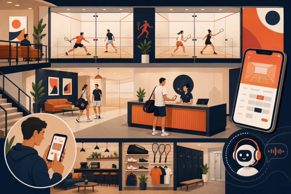 Modern squash club using court booking, member management and an AI receptionist