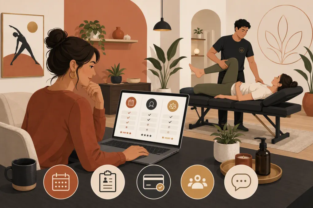 Stretch therapy operator comparing booking and management software in a studio