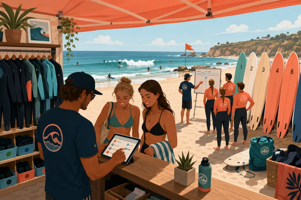 Surf school beach check-in with tablet, size-sorted wetsuits, boards and waiting students