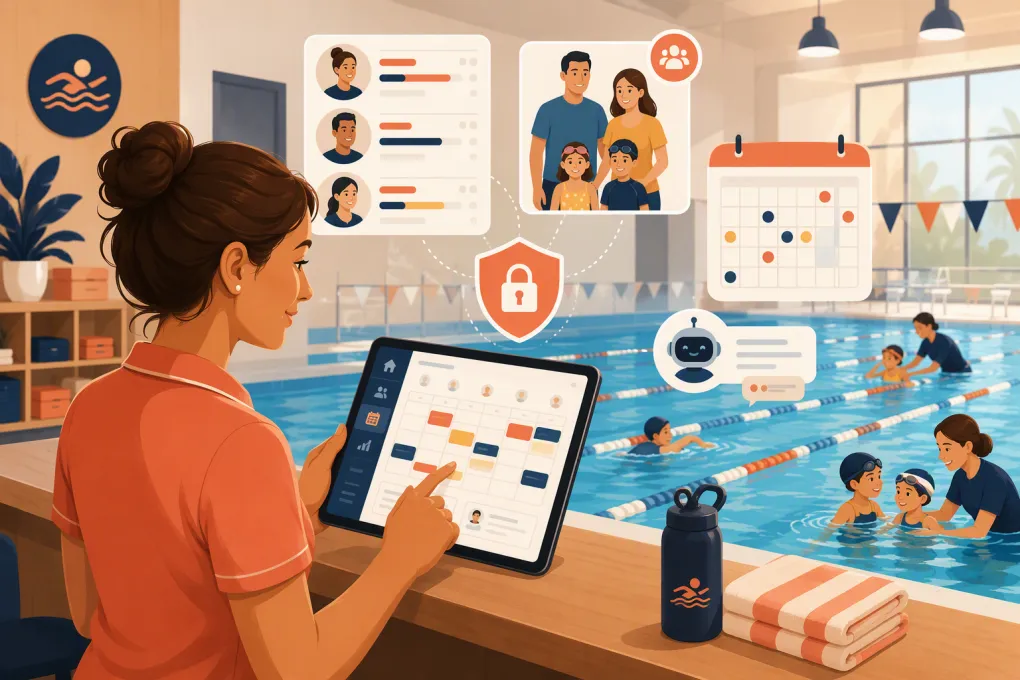Swim school operator reviewing lessons, family accounts, instructors, and pool lanes