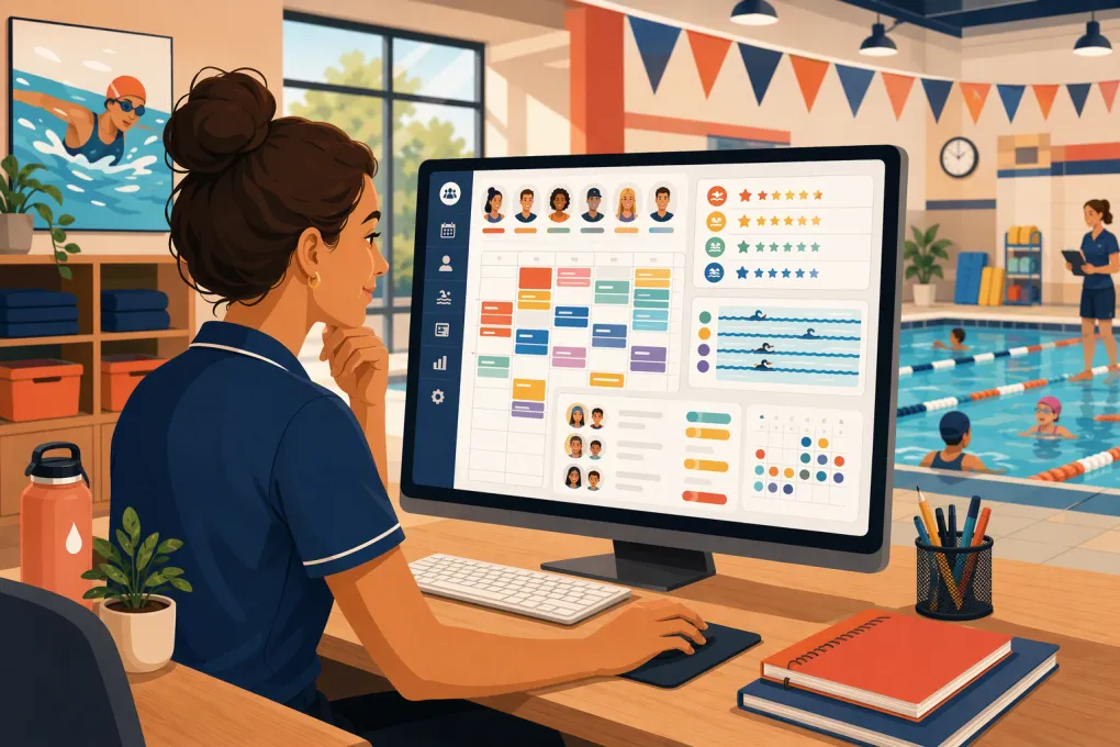 Manager coordinating swim instructors, lessons, pool lanes, and family bookings