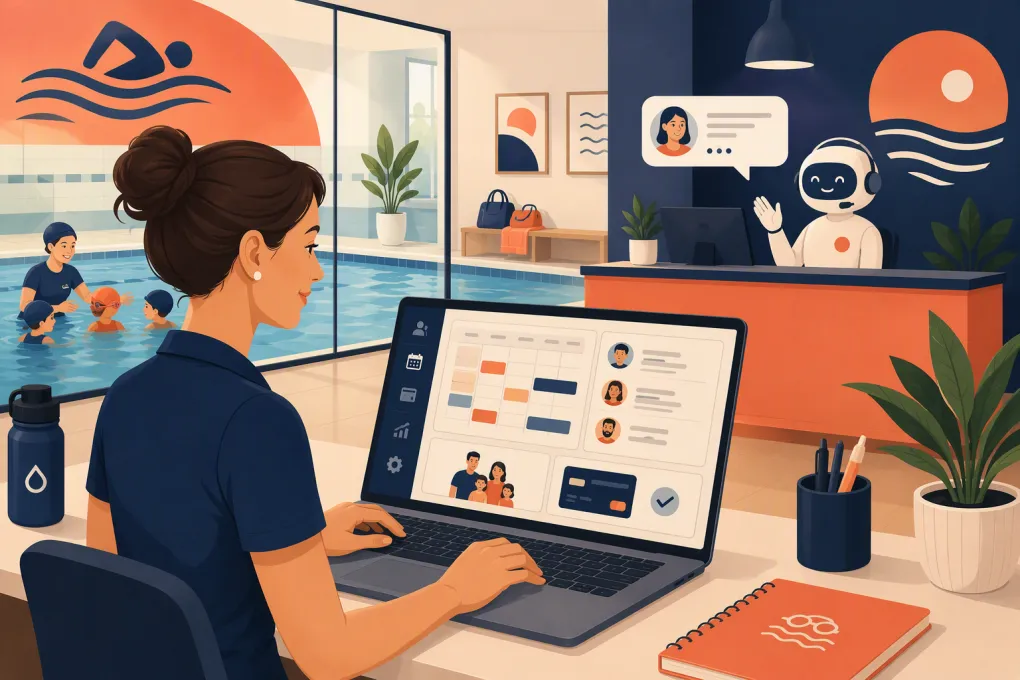 Swim school operator managing lessons, family accounts and inquiries beside an indoor pool