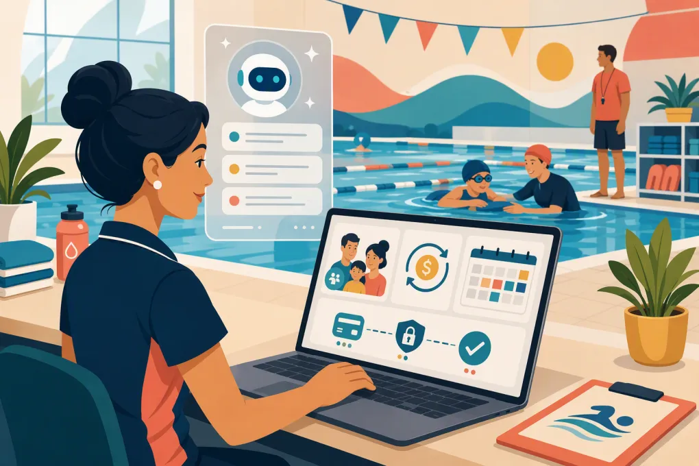 Swim school operator reviewing tuition billing and family accounts beside an indoor pool