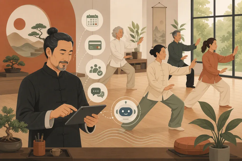 Tai chi instructor managing schedules, attendance, payments, and student messages on a tablet
