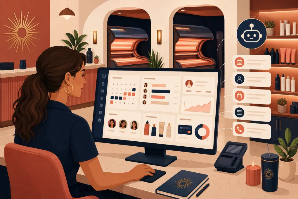 Tanning salon operator managing bookings, payments, inventory and customer calls from one system