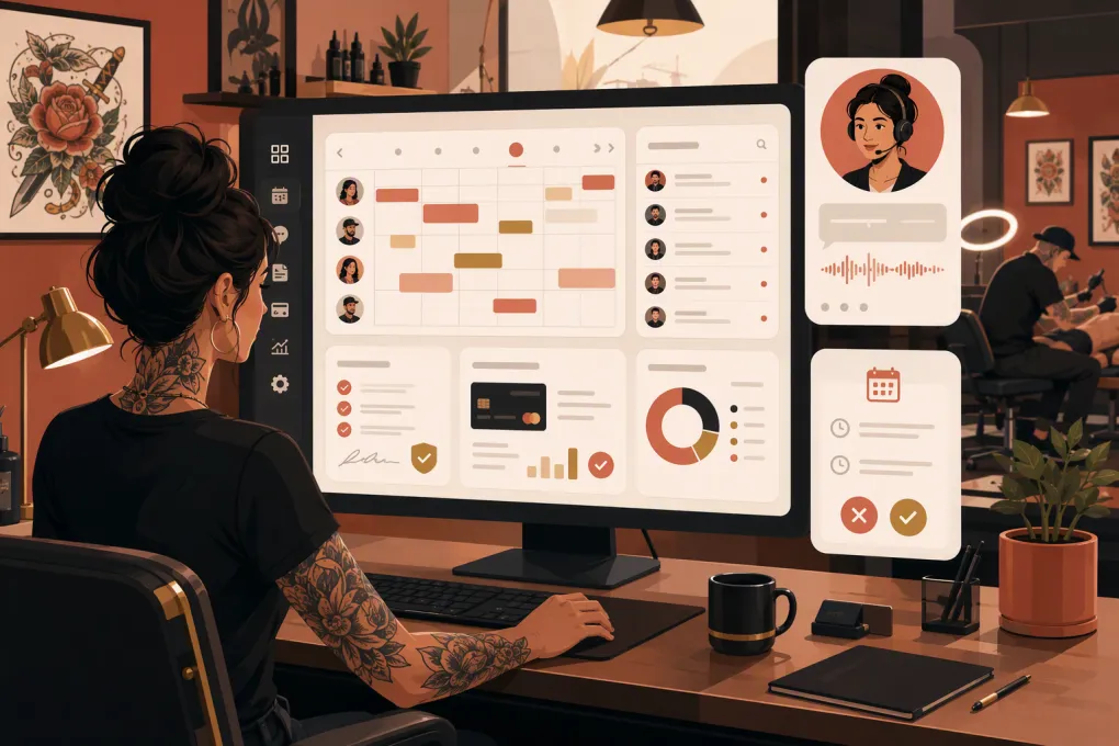Tattoo studio owner managing bookings, client messages, forms, and payments from one system
