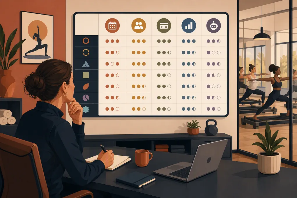 Studio operator comparing scheduling, CRM, payment, reporting and AI software