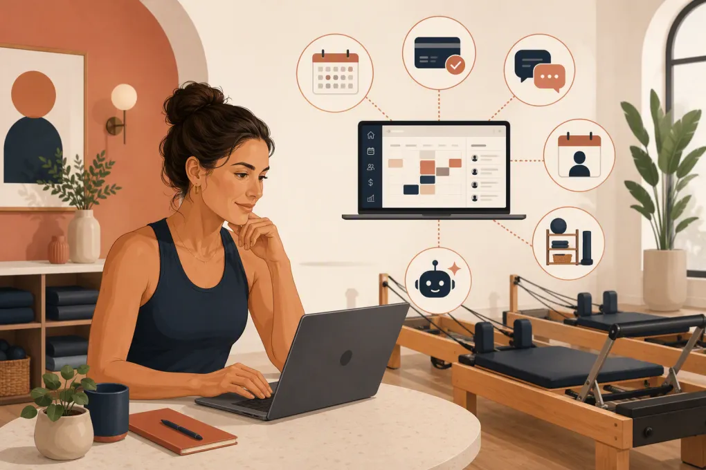 Pilates studio owner comparing scheduling, payment, and AI receptionist software