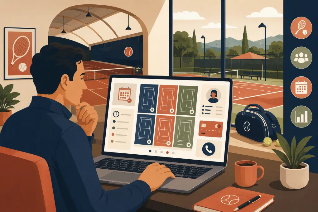 Tennis club manager comparing court schedules, lessons, memberships, and payments on a laptop