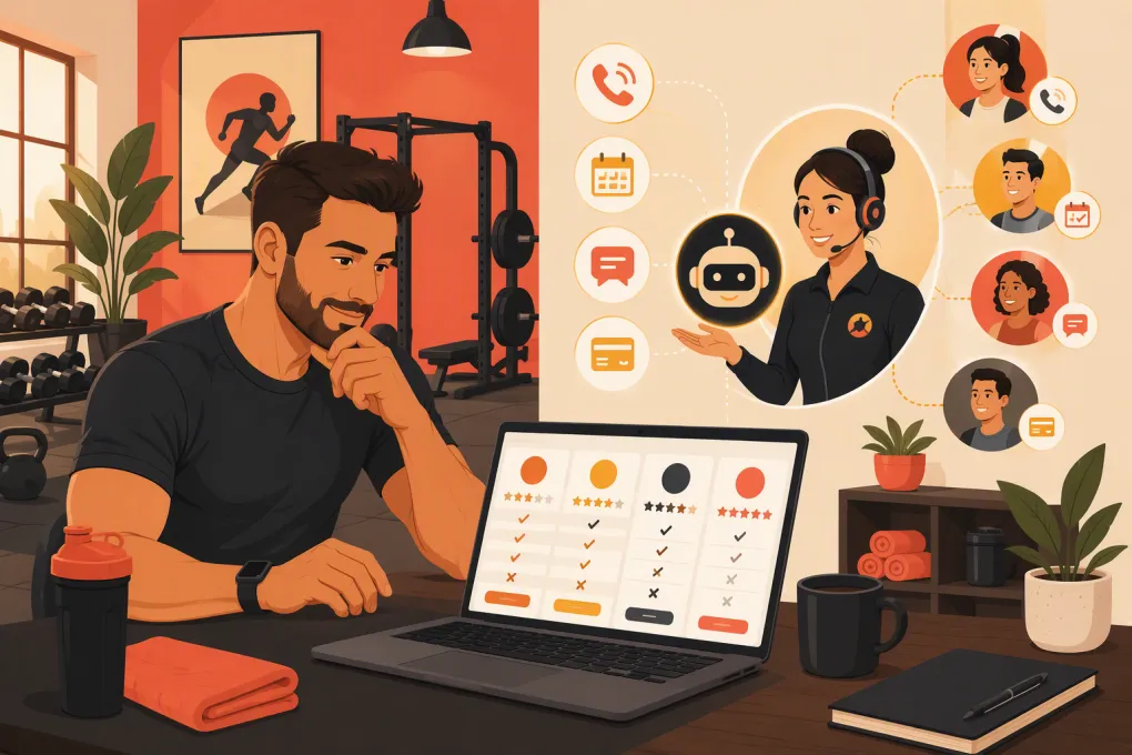 Personal trainer comparing coaching software while an AI receptionist manages bookings and calls