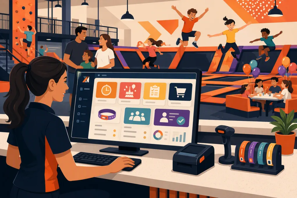 Trampoline park operator managing tickets, parties, waivers, and guest check-in