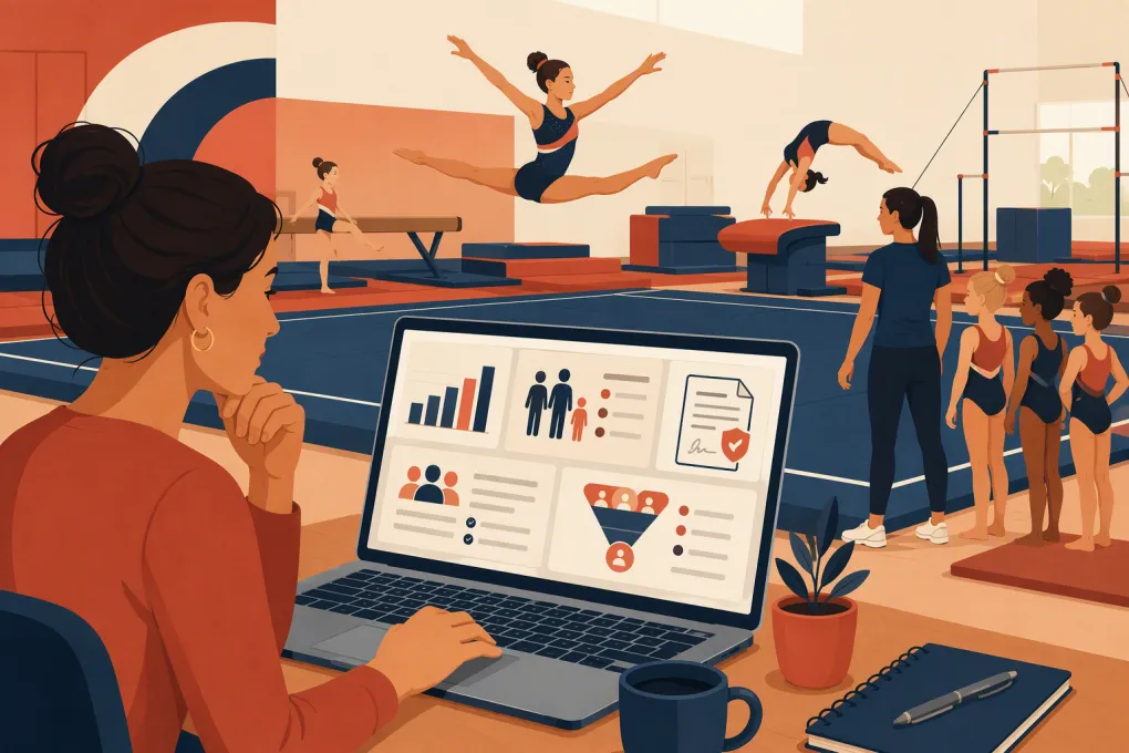Tumbling gym owner comparing class, billing, waiver, and lead management software