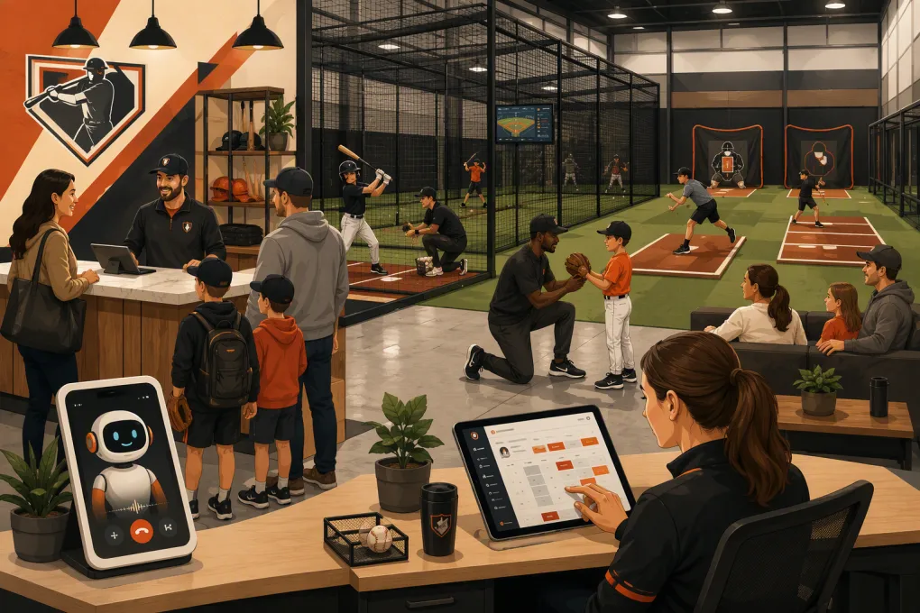 Operator managing coaches, batting cages, lessons, and AI-assisted bookings at a baseball facility