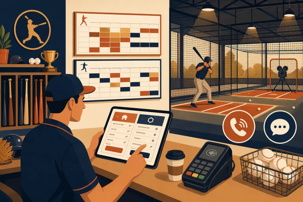 Batting cage operator comparing scheduling, payment and customer management software