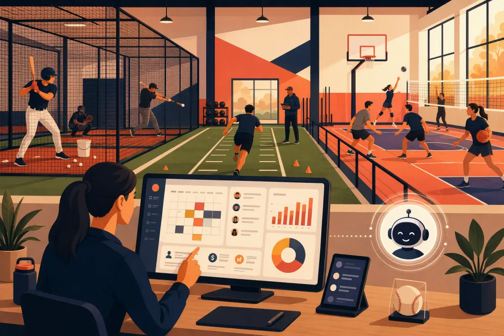 Operator managing athlete bookings, coaches and facility resources at an indoor sports center