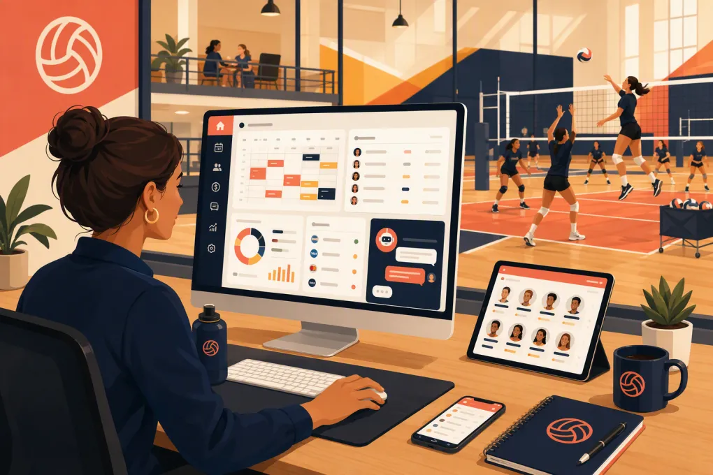 Operator managing schedules, payments, and leads for an indoor volleyball training facility