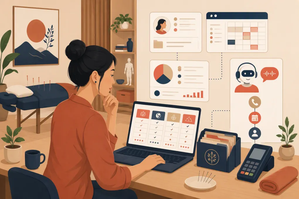 Acupuncture clinic owner comparing EHR, scheduling, billing, and AI receptionist software