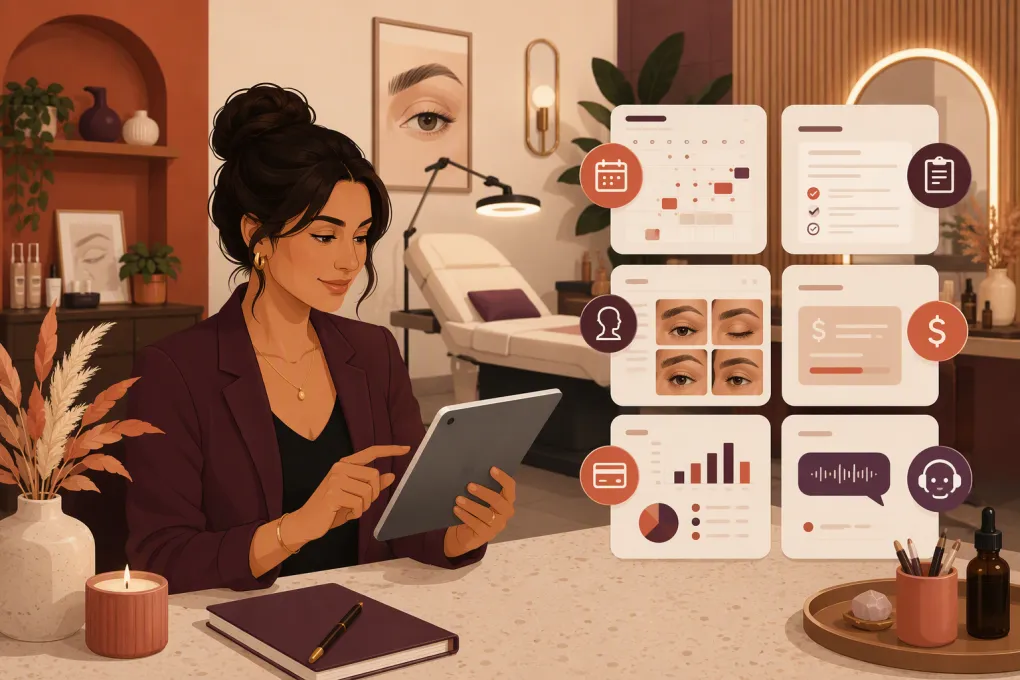 Brow studio owner comparing booking, client record, payment and AI receptionist software