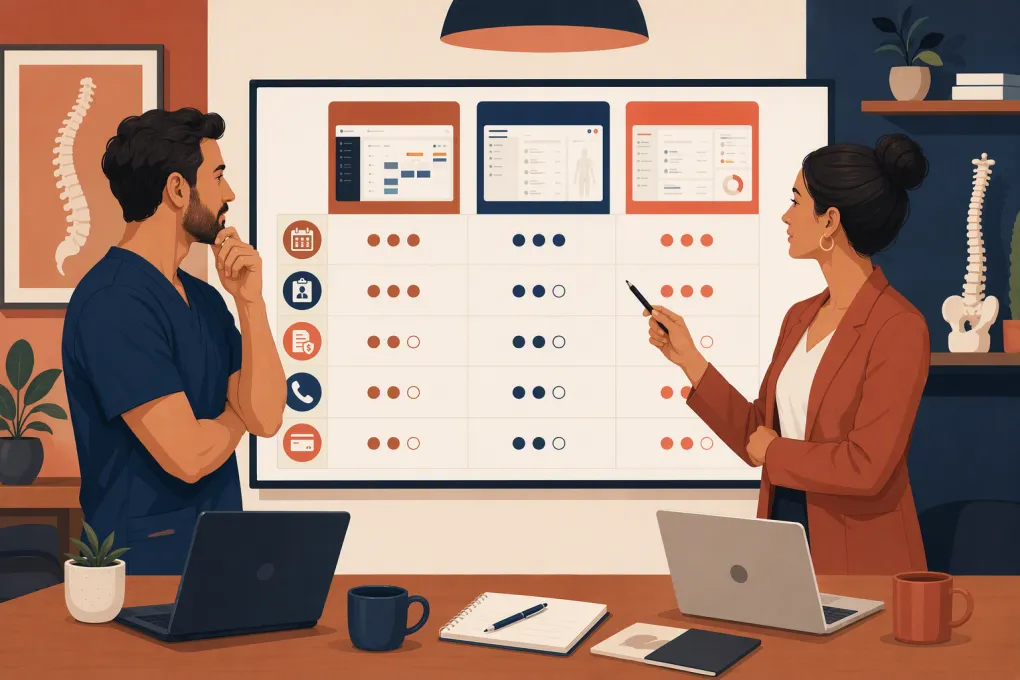 Chiropractor and office manager comparing scheduling, EHR, claims, and front-desk software
