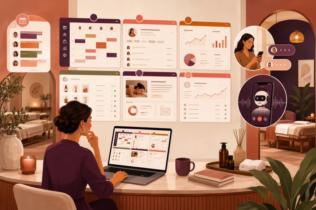 Day spa owner comparing booking, scheduling and AI receptionist software
