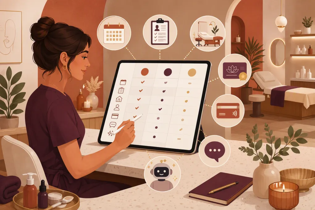 Esthetician comparing booking, forms, payments, memberships, and client communication software