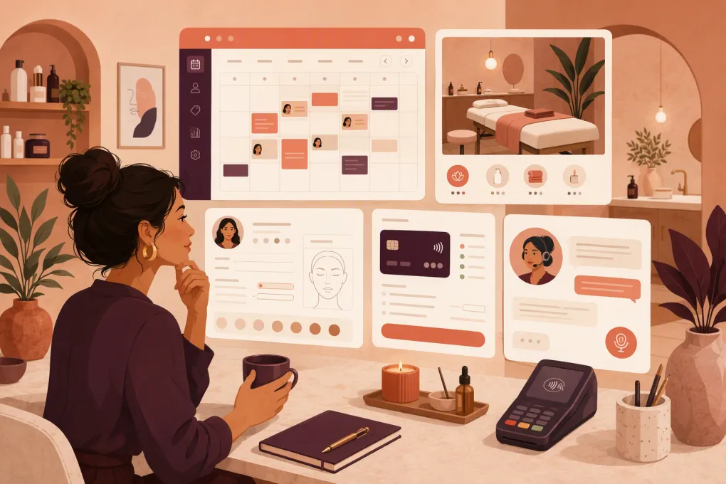 Facial spa owner comparing booking, client management and AI receptionist software