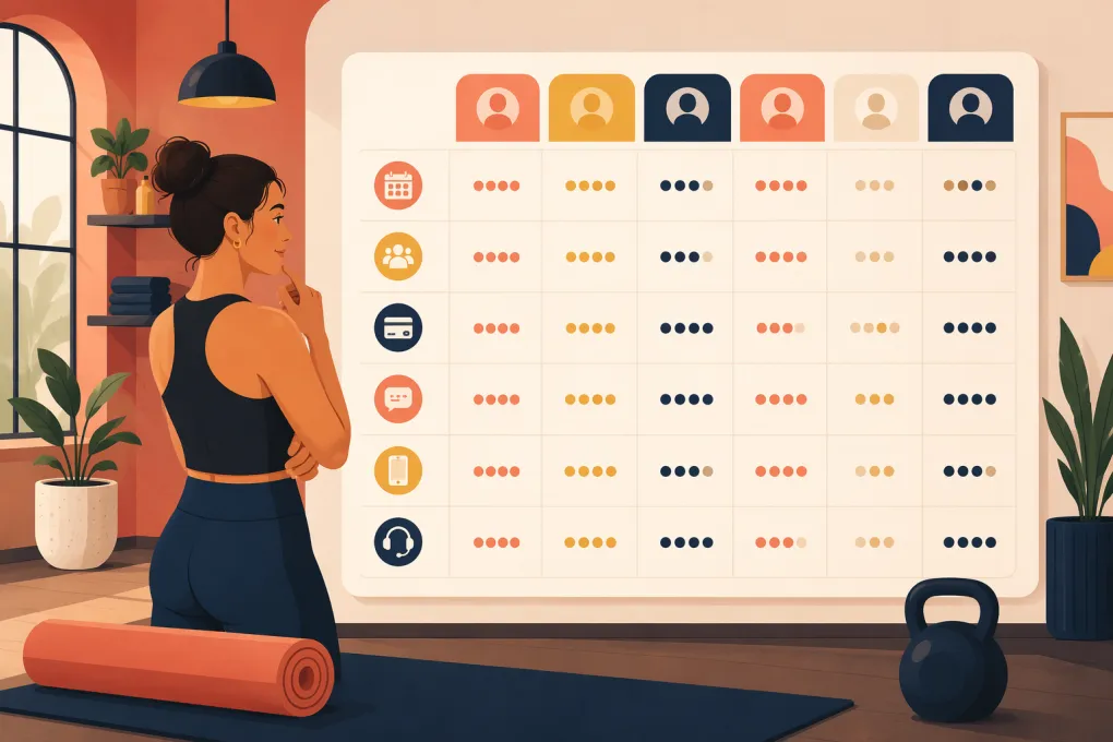 Fitness studio owner comparing scheduling, CRM, payments, messaging and AI software