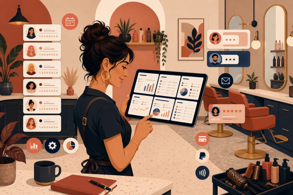 Hair salon owner comparing booking and management software on a tablet