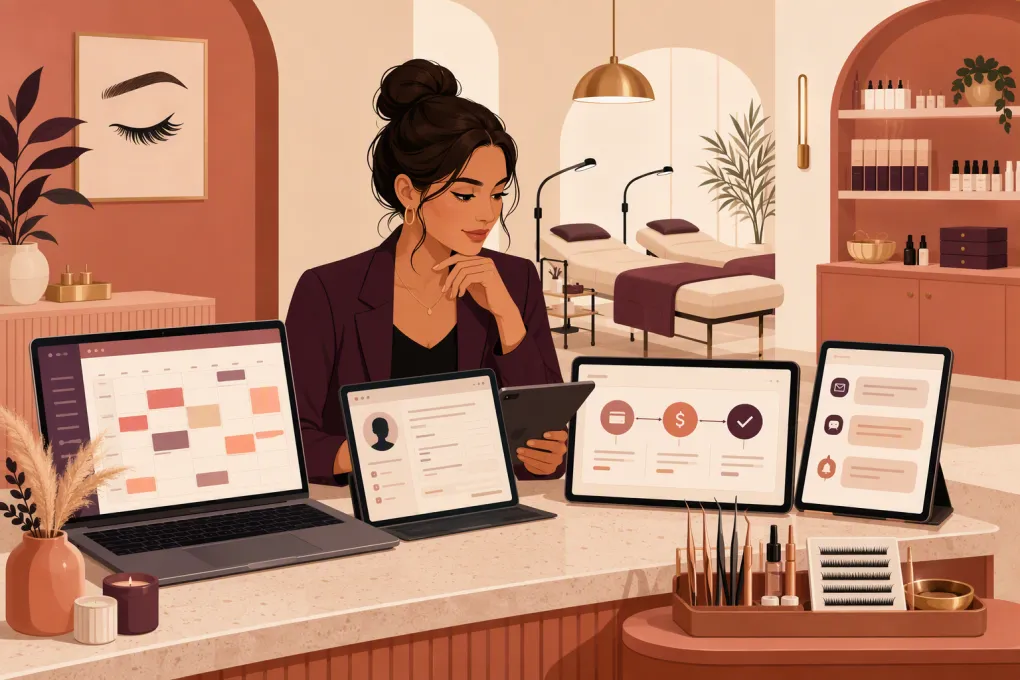 Lash studio owner comparing booking, payment and client communication software
