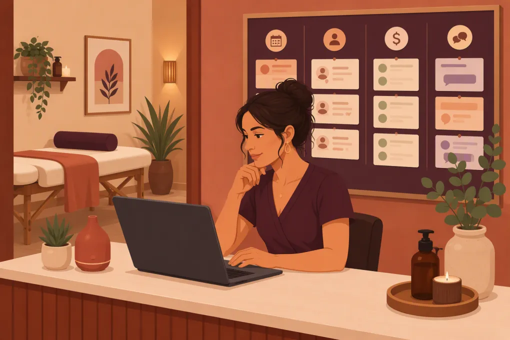 Massage practice owner comparing booking, documentation, payment, and client communication software