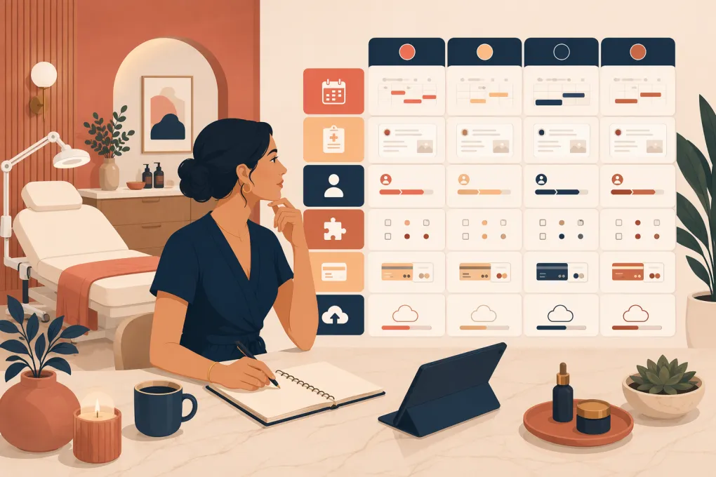 Med spa owner comparing scheduling, clinical, automation, and payment software