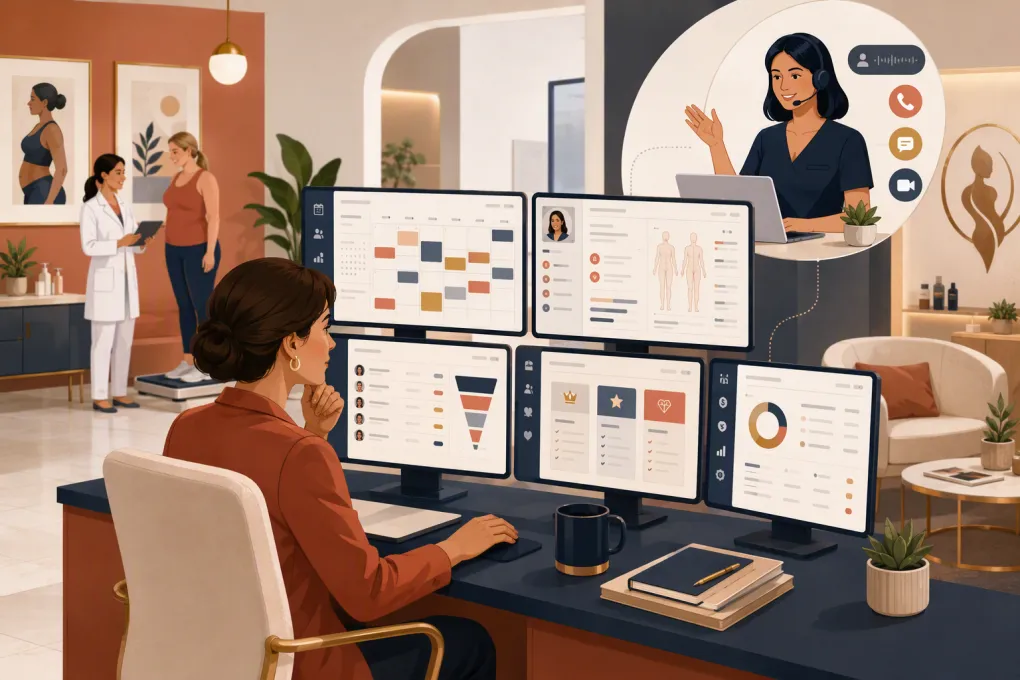 Operator comparing software and AI reception tools for a medical weight loss clinic