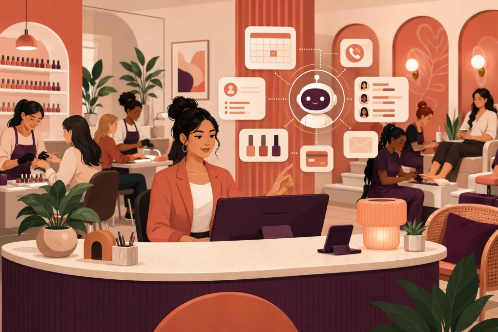 AI receptionist organizing bookings, calls, and client follow-up for a modern nail salon
