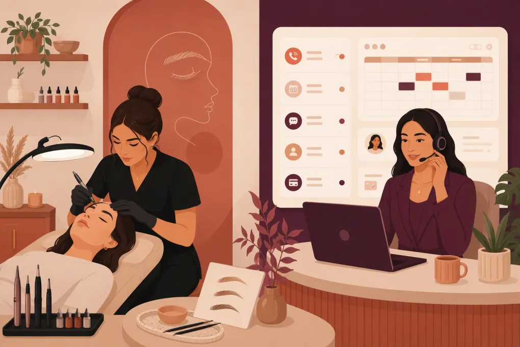 Permanent makeup artist using an AI receptionist and booking system in a modern PMU studio
