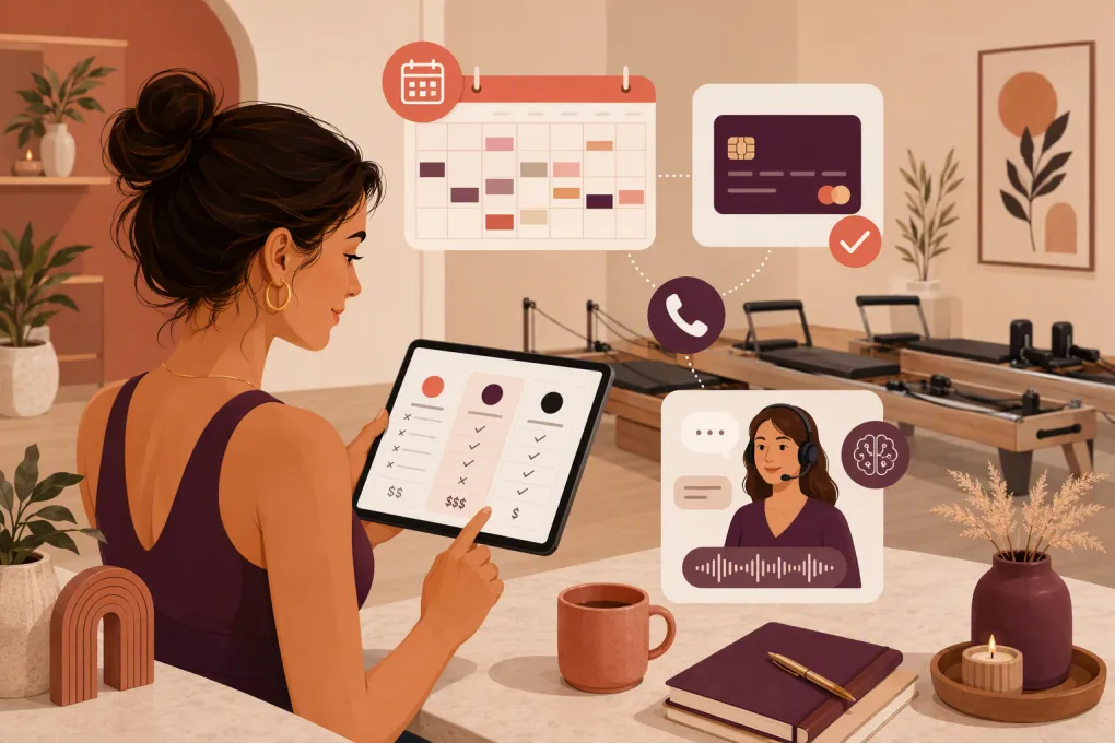 Pilates studio owner comparing scheduling, payments, and AI receptionist platforms