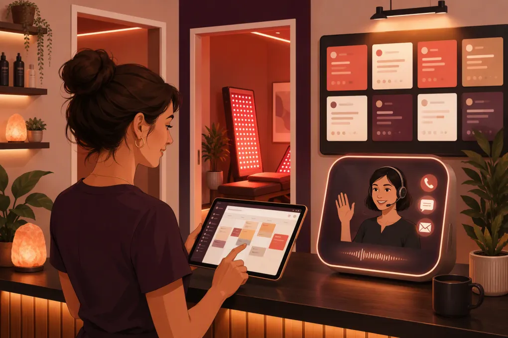 Operator managing red light therapy bookings while an AI receptionist handles inquiries