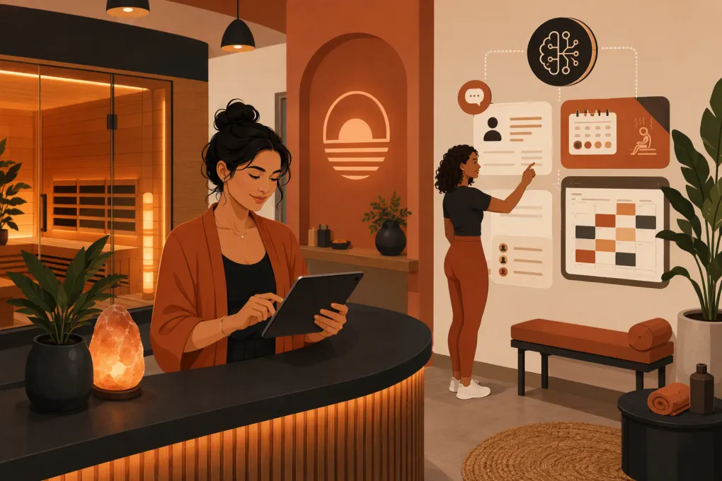 Sauna studio owner managing room bookings and memberships with an AI-assisted platform