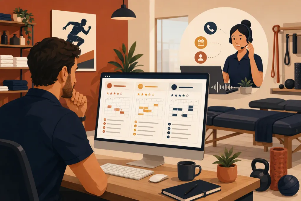 Sports massage clinic operator comparing booking software with an AI receptionist